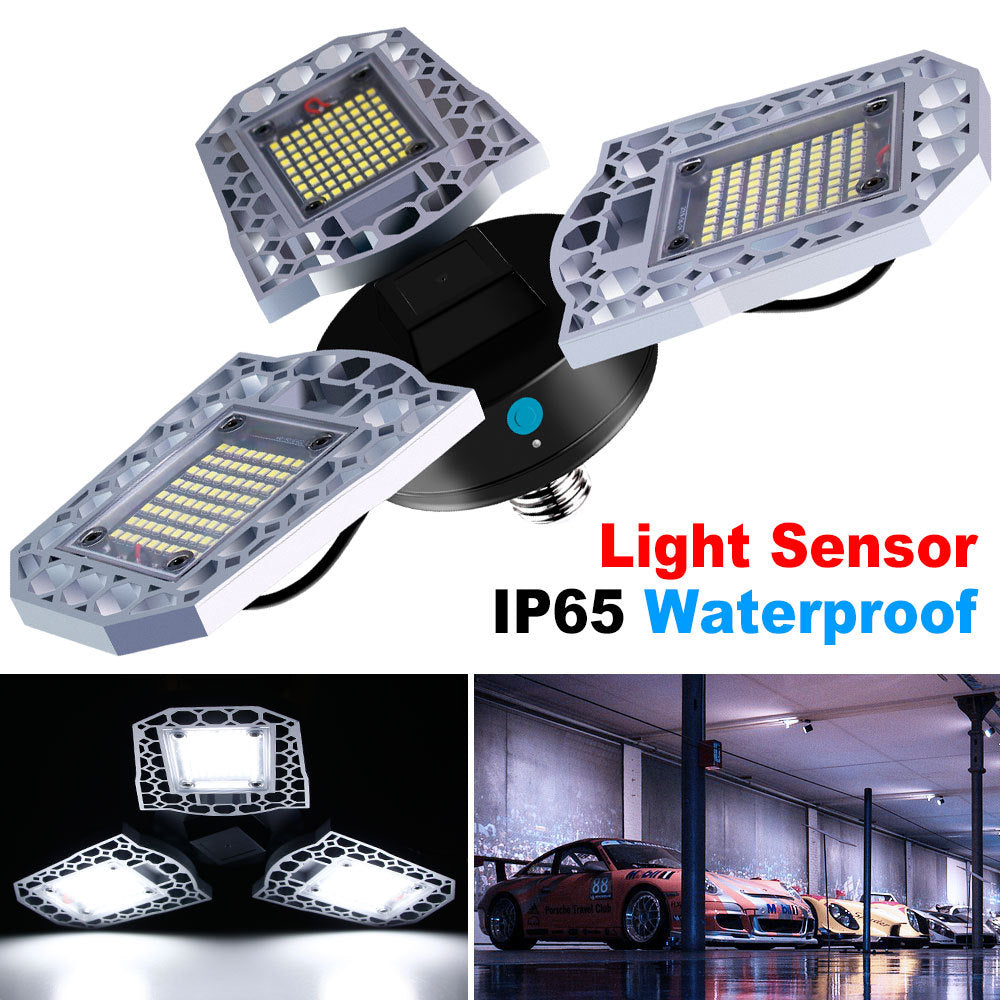 Three-Head LED Garage Light – 60W/80W/100W, E26/E27, IP65 Waterproof with Light Sensor