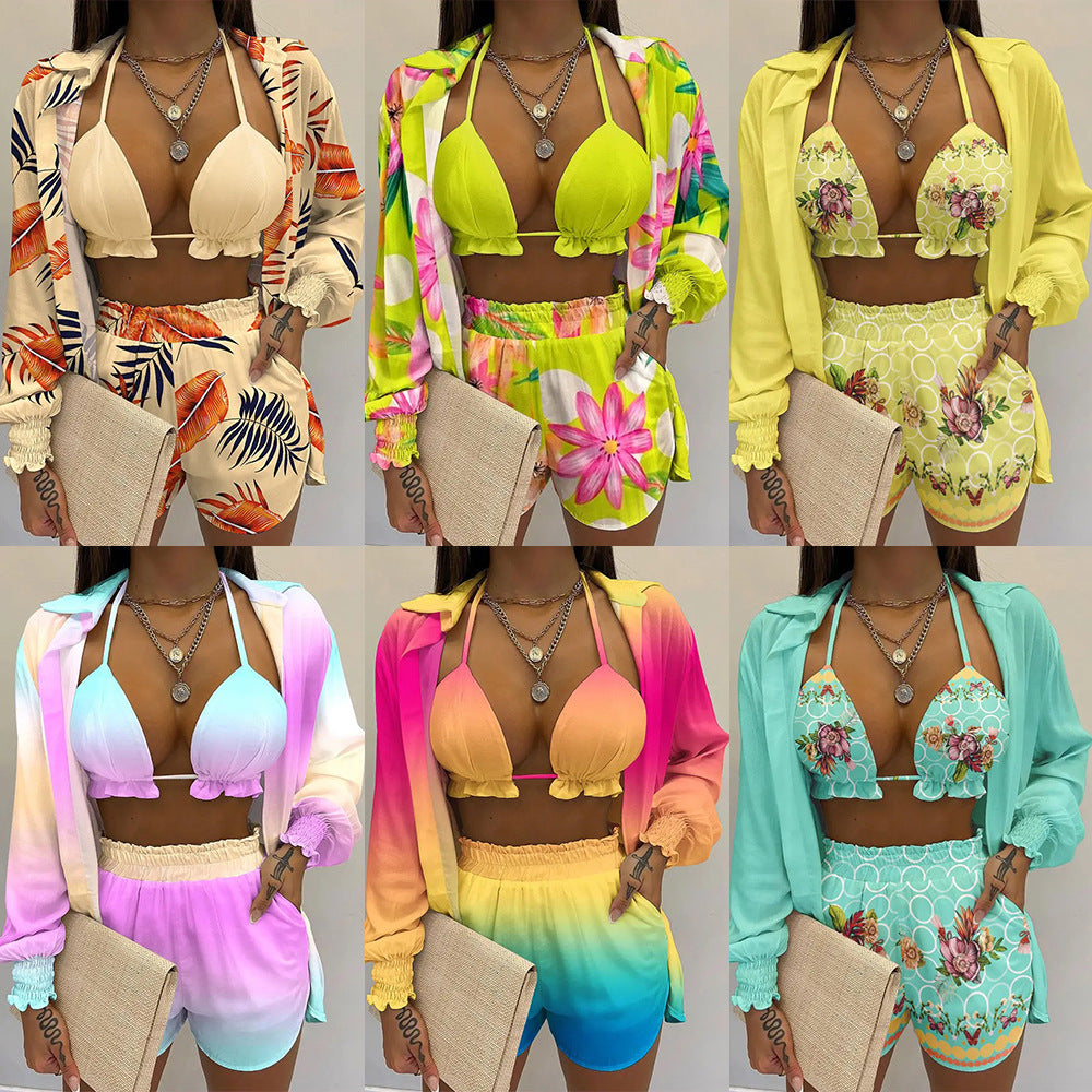 Women's Printed Three-Piece Bikini Set | Long Sleeve Cover-Up Swimsuit