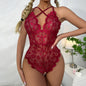 Women's Wine Red Lace Bodysuit – Sheer One-Piece Lingerie