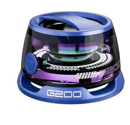 A portable Bluetooth speaker with RGB lighting, displayed in a transparent case, showing internal components and a magnetic phone holder.