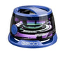 A portable Bluetooth speaker with RGB lighting, displayed in a transparent case, showing internal components and a magnetic phone holder.