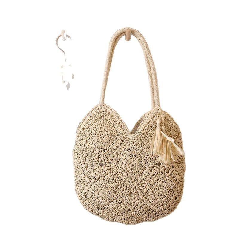 Women's Woven Straw Shoulder Bag – Large Capacity Hollow Tassel Tote in Grandma Plaid