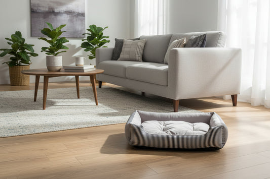 A rectangular pet bed with a striped pattern and a plush center cushion.