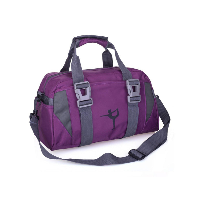 A pink and gray nylon yoga bag with a shoulder strap and a silhouette of a yoga pose on the front.