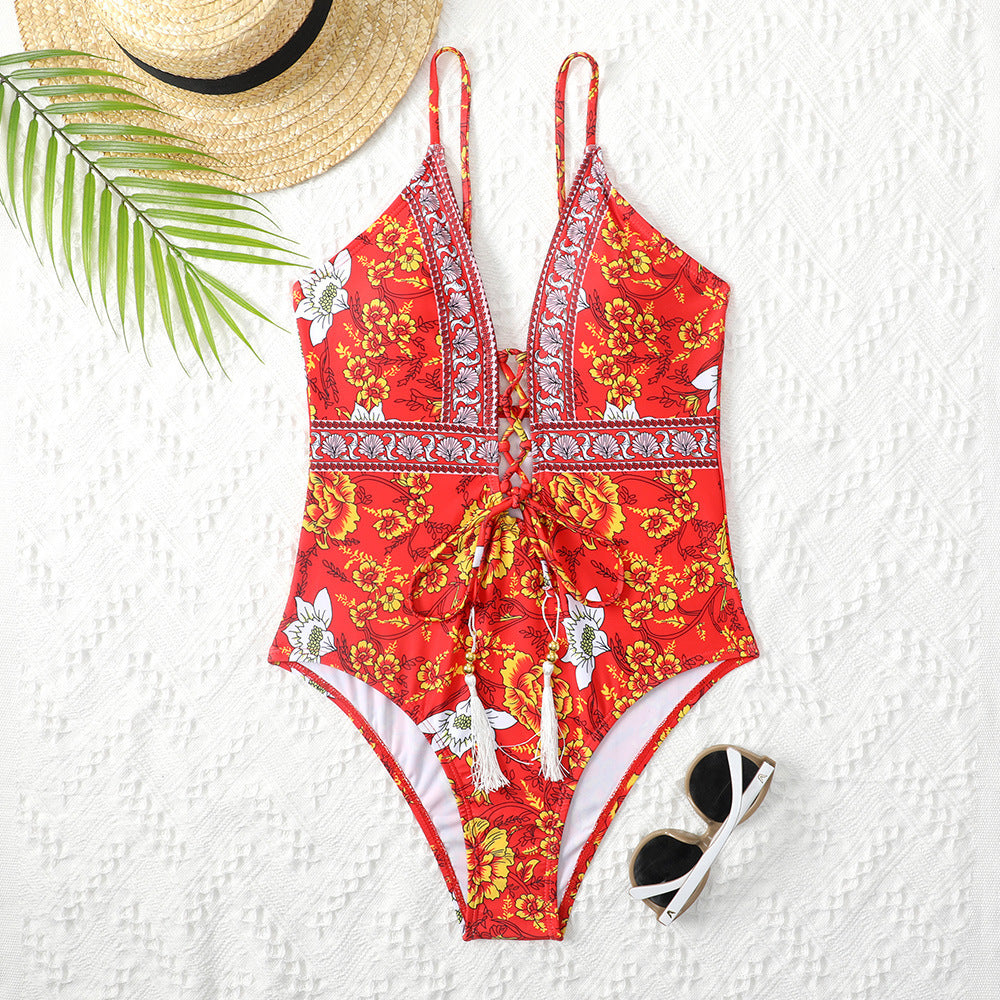 Women's Deep V Tie One-Piece Swimsuit | Floral Print