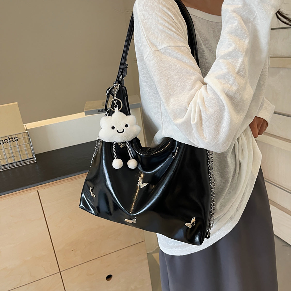 Women's Small Butterfly Hobo Bag – Vegan-Friendly Imitation Leather Shoulder Purse with Chain & Cloud Charm
