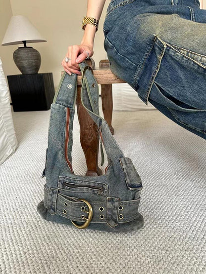 Women's Vintage Washed Denim Shoulder Bag – Large Retro Tote Purse