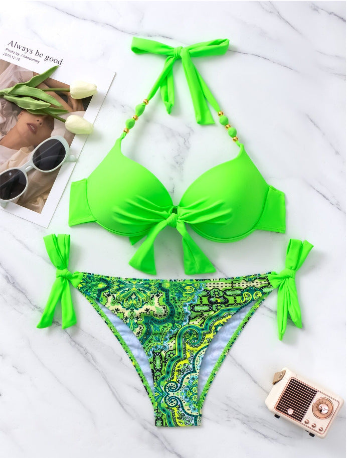 A collage of eight bikini swimsuits in various solid colors and patterns, including stripes, with the models posing on a beach setting.