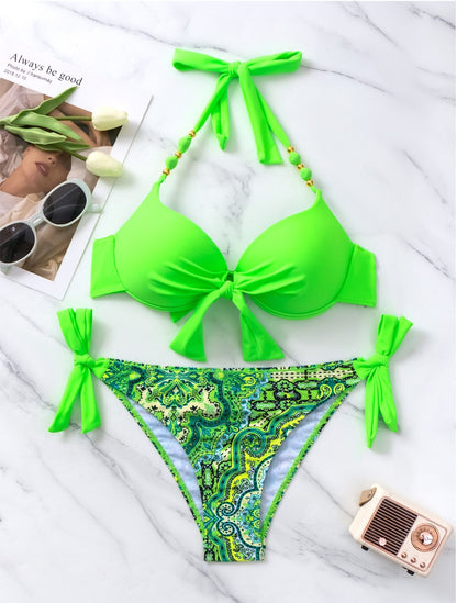 A collage of eight bikini swimsuits in various solid colors and patterns, including stripes, with the models posing on a beach setting.