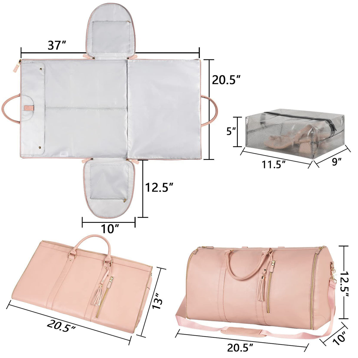 Measurement chart of a pink travel bag with dimensions labeled