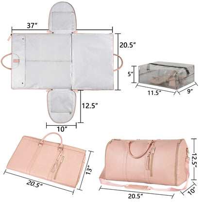 Measurement chart of a pink travel bag with dimensions labeled
