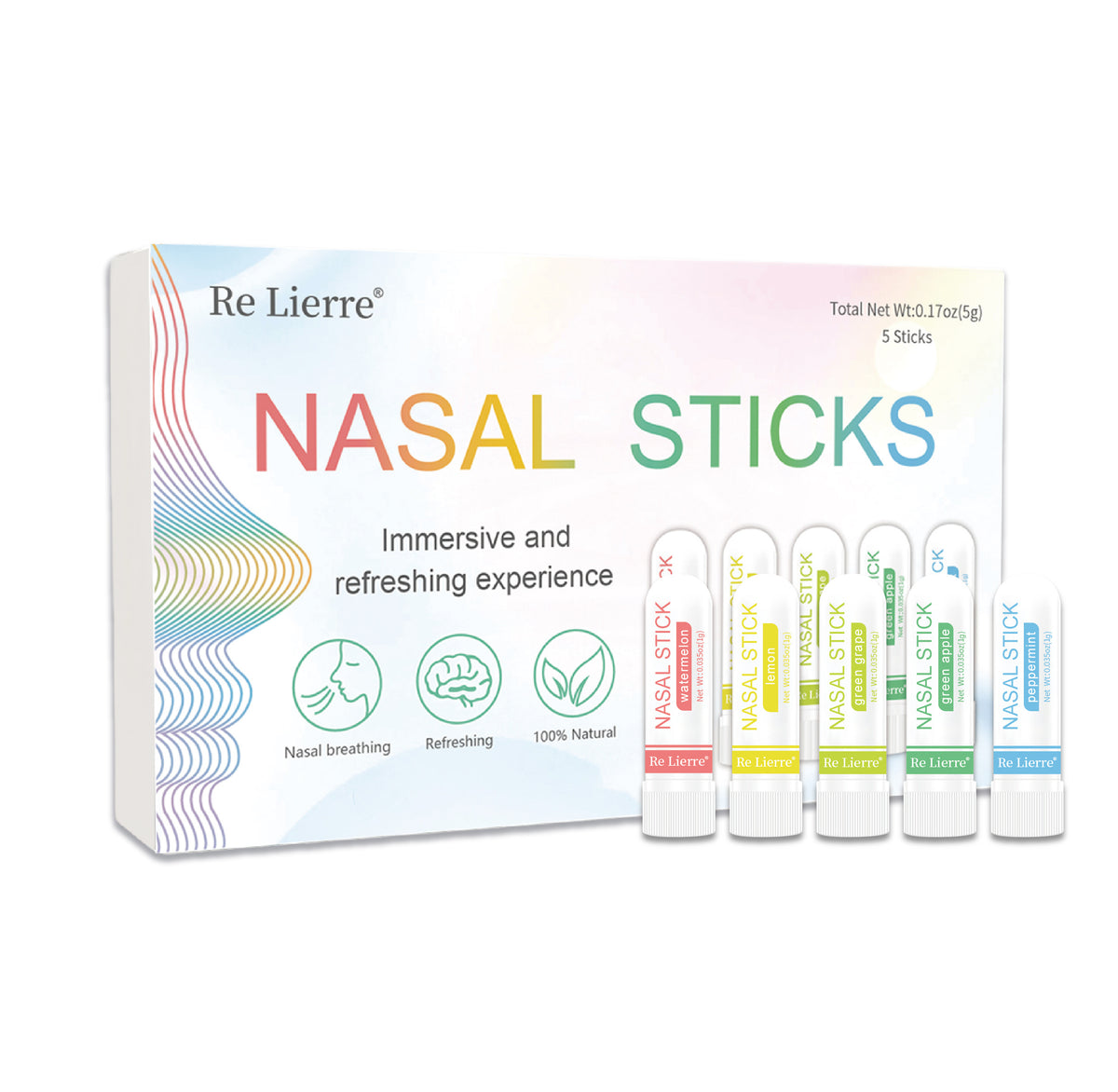 Packaging of Re Lierre Nasal Sticks with five individual sticks displayed in front of the box. The box is colorful with rainbow stripes and the sticks have various color labels.