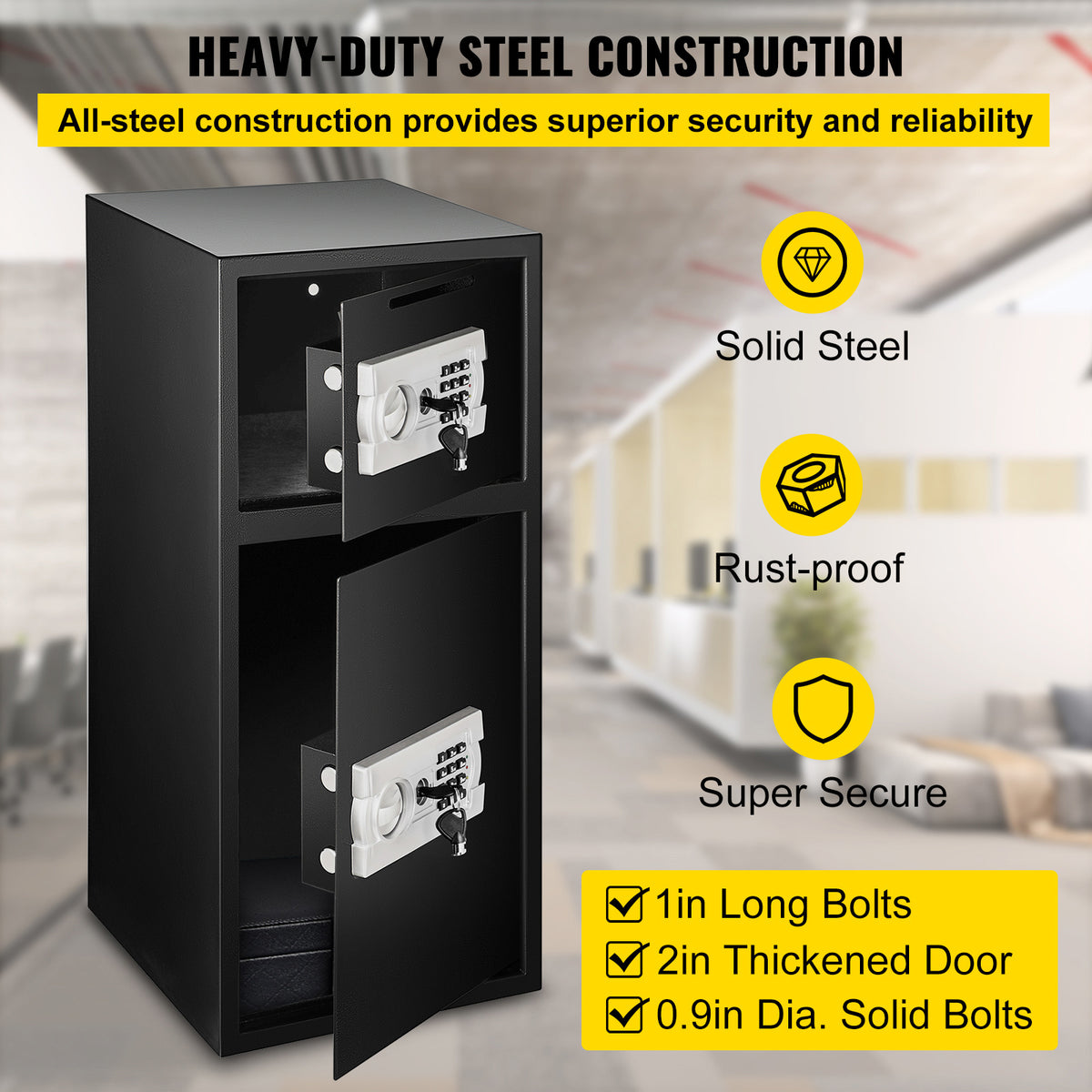 A black VEVOR security safe box with double doors, a digital lock, and bolts emphasizing its heavy-duty steel construction and rust-proof features.
