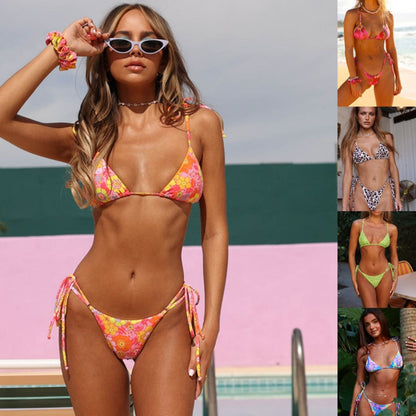 A collage of images showcasing women's bikini swimwear in various colors and floral patterns, with styles including tied sides and backless designs.