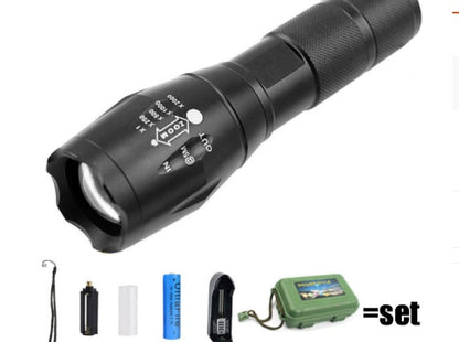 Tactical LED Flashlight – 5 Modes, Zoomable, Waterproof, 18650 Battery
