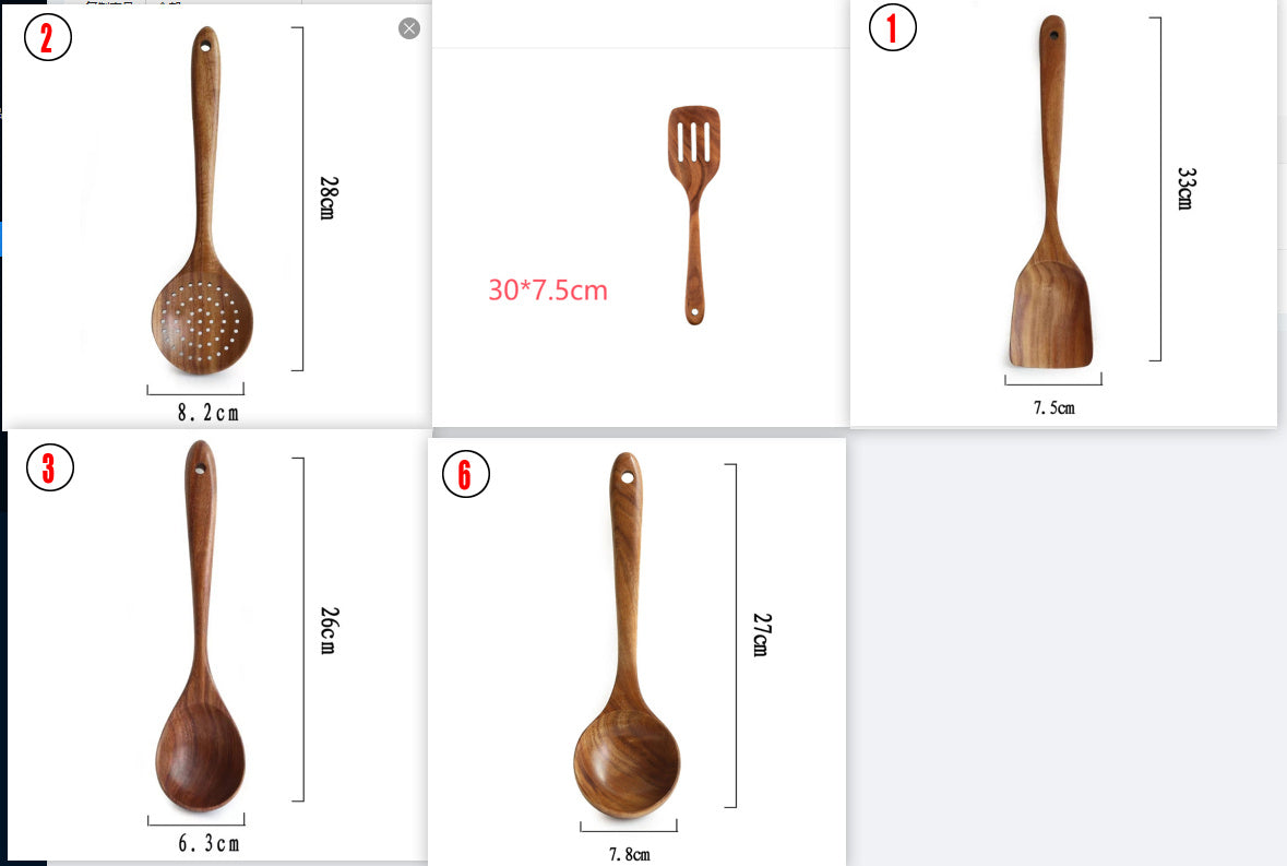 Wooden kitchen utensils with measurements on a white background