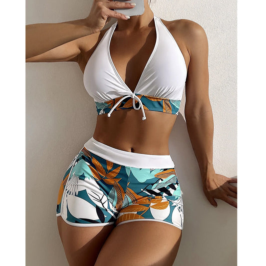 Women's High-Waist Solid Color Bikini Set | Tie-Front Split Swimsuit