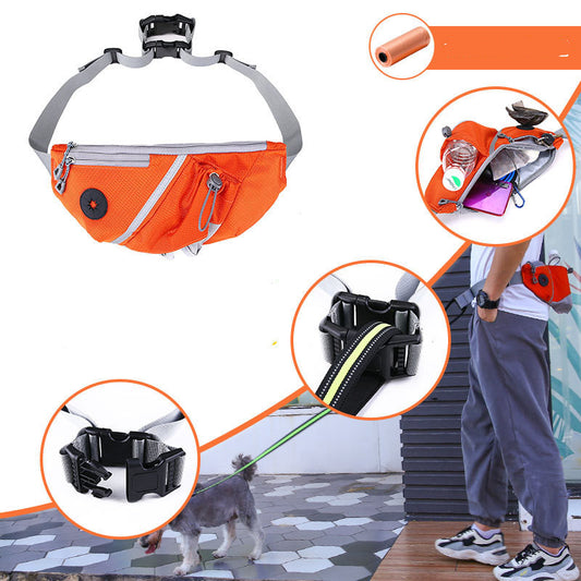 An orange fanny pack with a black waist belt, shown in use with a person wearing it and a dog being led by the traction rope.