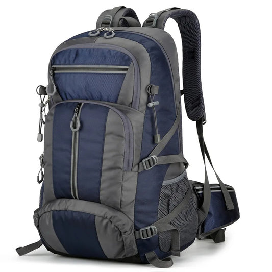 A large capacity blue and gray fishing backpack with shoulder straps and external gear attachments, designed for camping and outdoor activities.