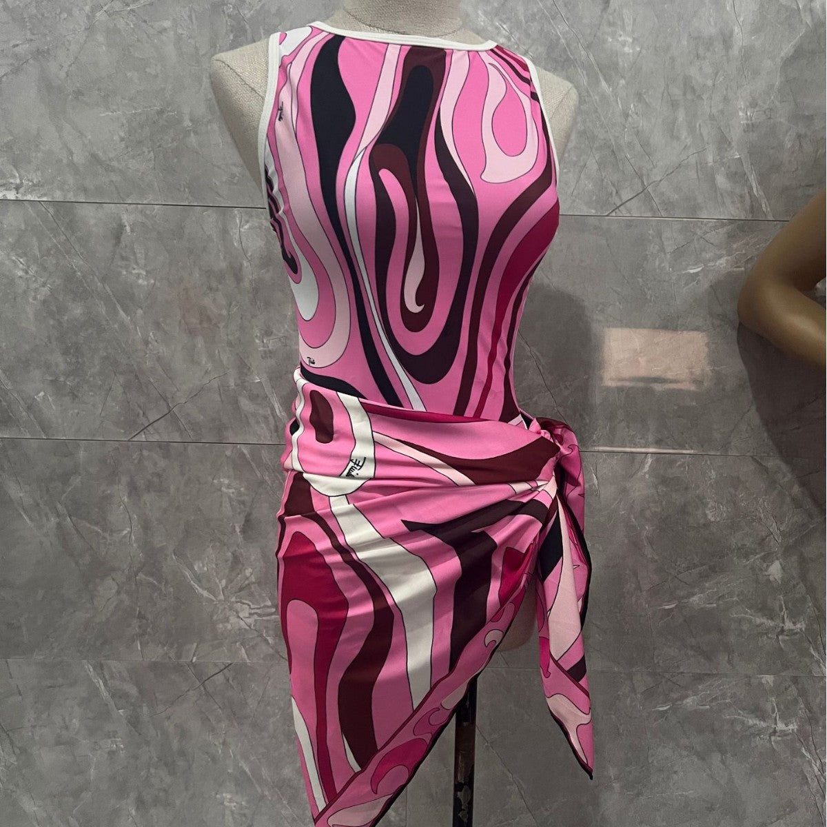 Striped One-Piece Swimsuit with Wrap Scarf — Blue & Pink, S–XL