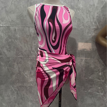 Striped One-Piece Swimsuit with Wrap Scarf — Blue & Pink, S–XL