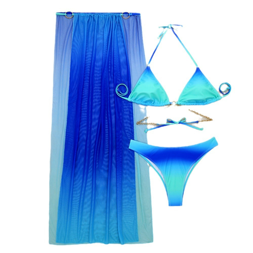 Blue and green bikini set with matching shower curtain.