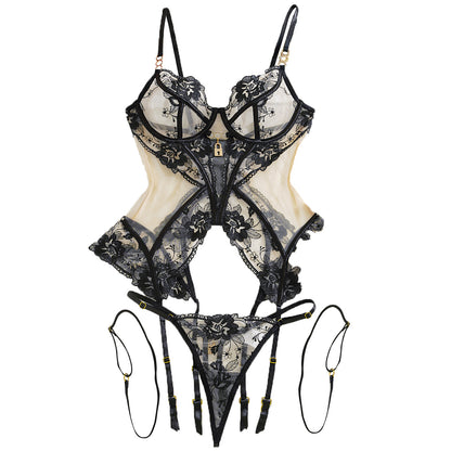 Women's Mesh Lace Lingerie Set – 3-Piece Sheer Bodysuit