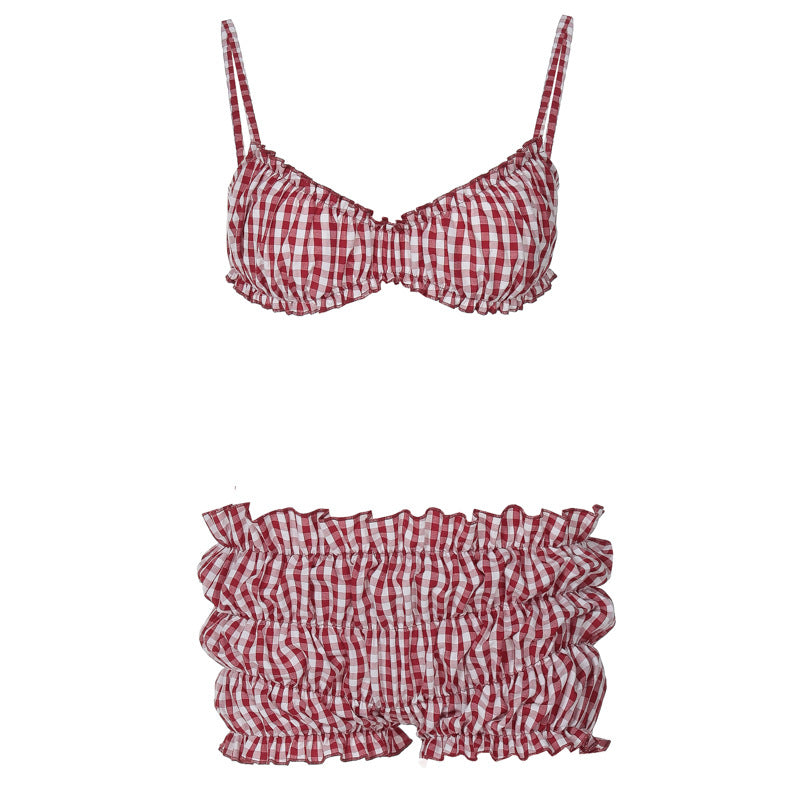 Plaid High-Waist Bikini Set — Contrast Color, Cotton, Red, S–L