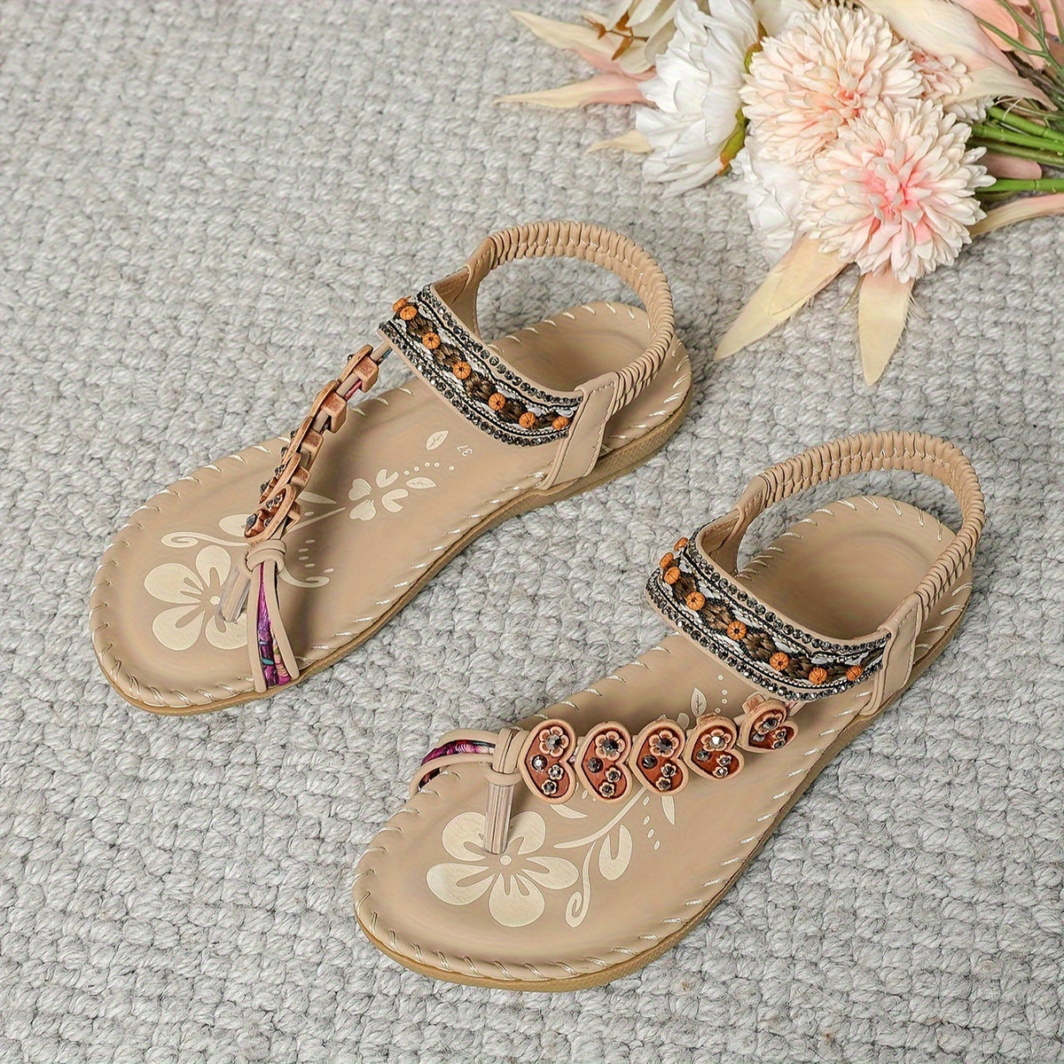 Women’s Bohemian Flat Sandals – Rhinestone Beaded Thong Sandals for Beach & Summer