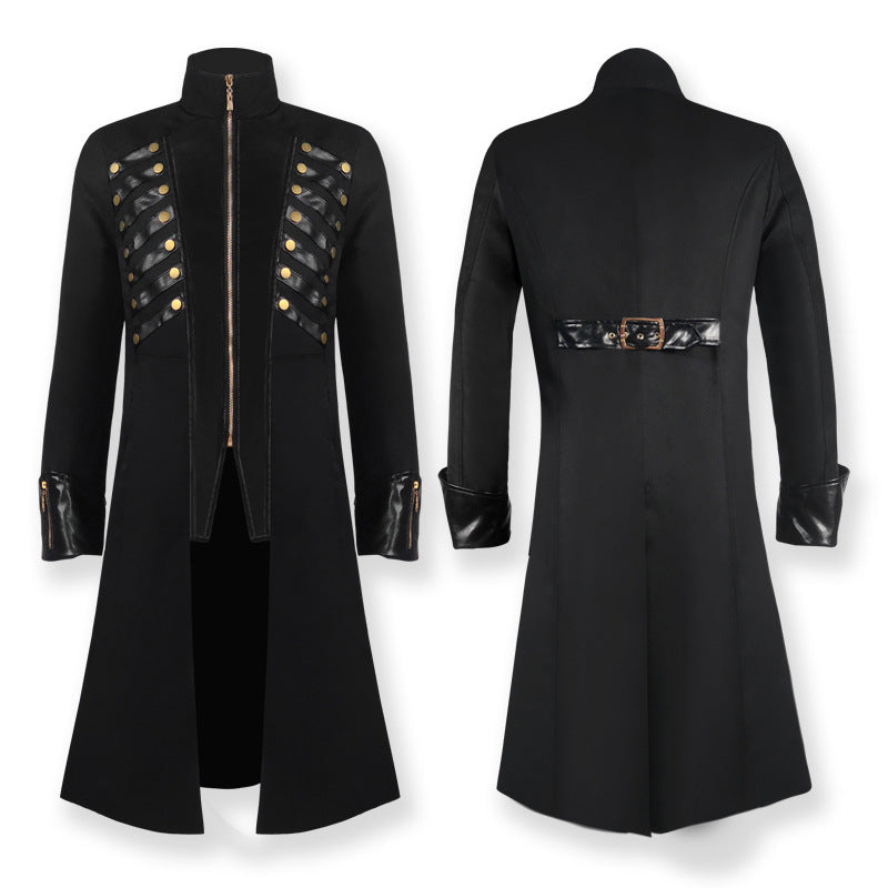 A black medieval gothic mid-length coat with gold accents and a belt, displayed in both front and back views.