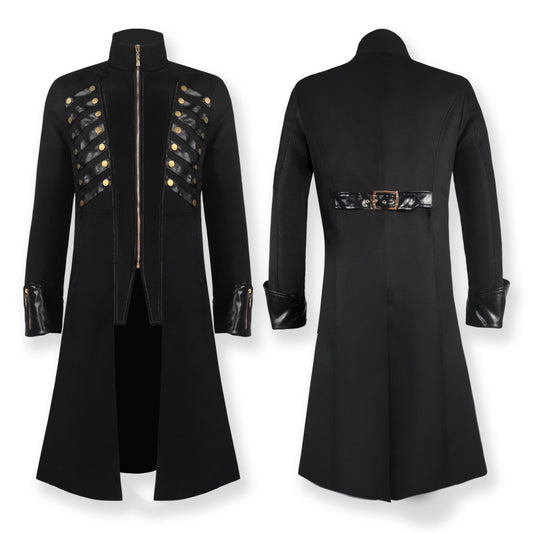 A black medieval gothic mid-length coat with gold accents and a belt, displayed in both front and back views.
