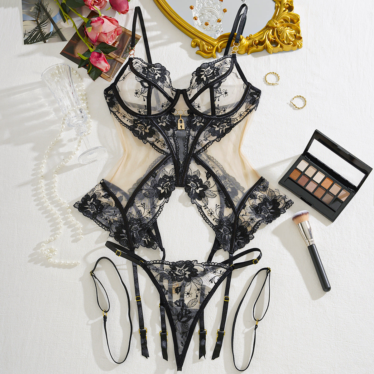 Women's Mesh Lace Lingerie Set – 3-Piece Sheer Bodysuit