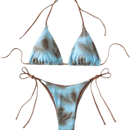 Blue and brown tie-dye bikini set on a white background