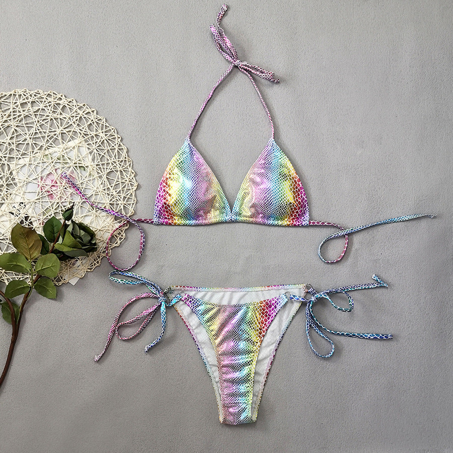 Women's Gradient Snakeskin Print Bikini Set | Bronzing Leather Two-Piece Swimsuit
