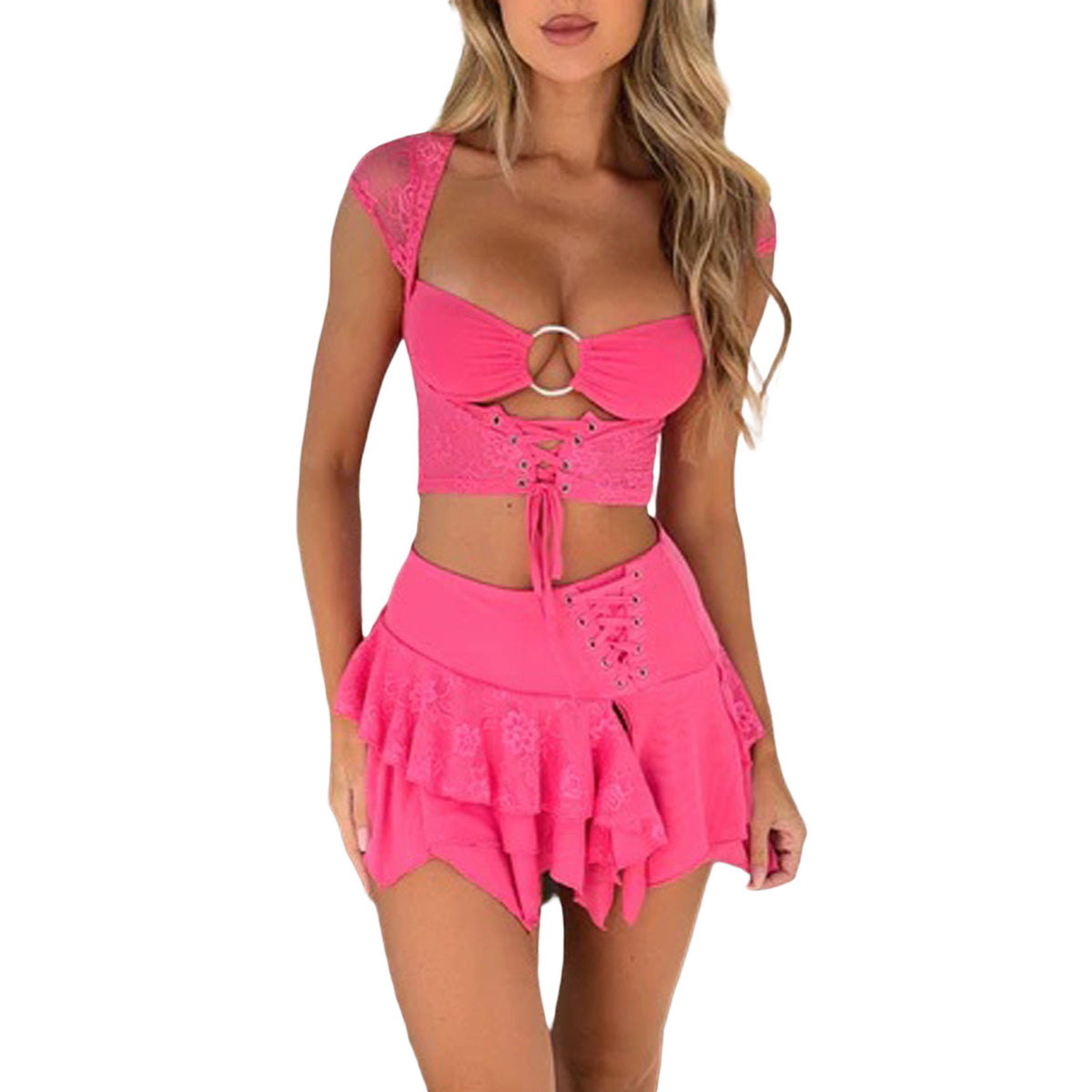 Pink two-piece outfit with lace-up details on a white background
