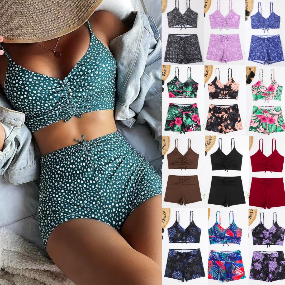 A collection of various swimsuits in different colors and patterns, showcasing a range of designs for the保守ist boxer pleating split swimsuit.