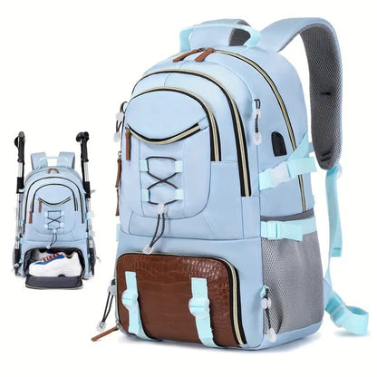 A large capacity blue and brown outdoor backpack with multiple compartments and shoulder straps
