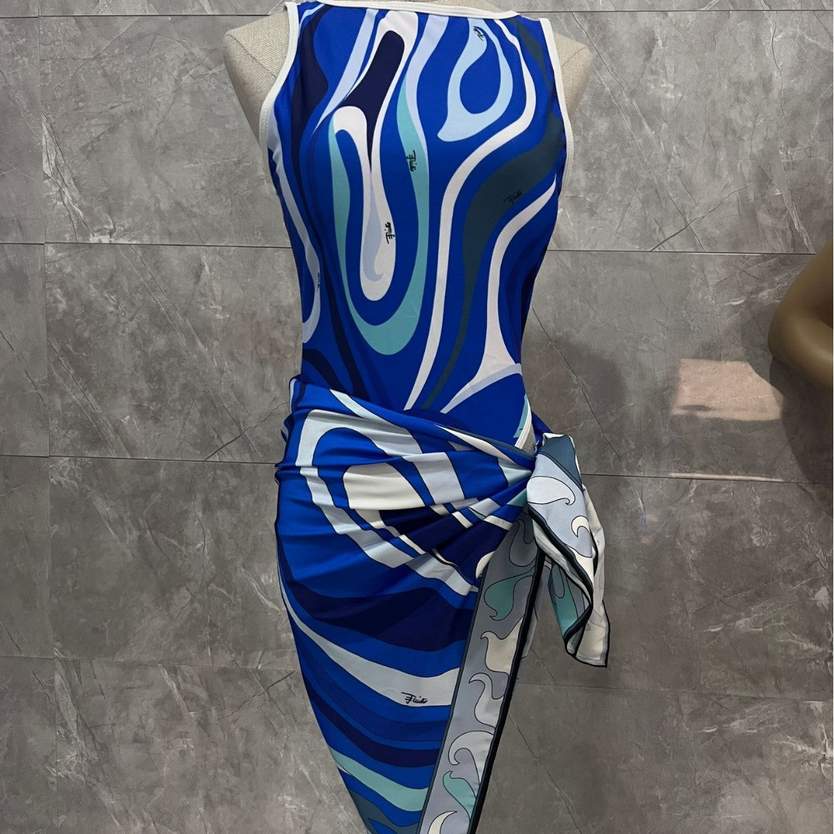 Striped One-Piece Swimsuit with Wrap Scarf — Blue & Pink, S–XL