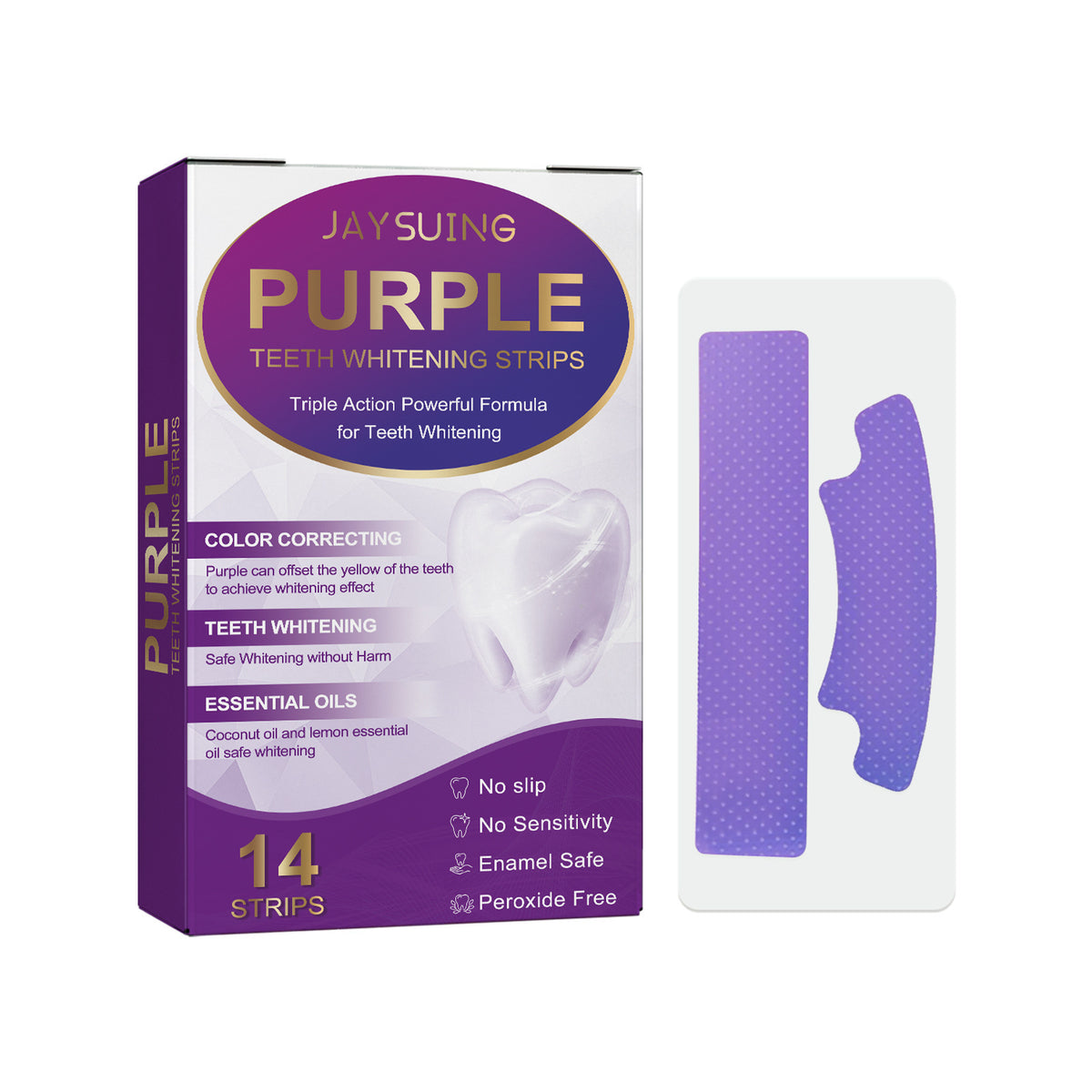 The image shows a box of purple teeth whitening strips with a woman smiling in the background. The box is labeled with the product name and details such as '14 strips' and 'Teeth Whitening'.