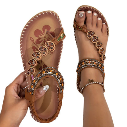 Women’s Bohemian Flat Sandals – Rhinestone Beaded Thong Sandals for Beach & Summer