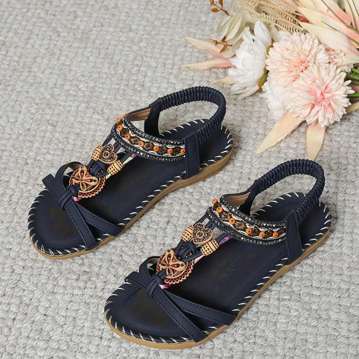 Women’s Bohemian Flat Sandals – Rhinestone Beaded Thong Sandals for Beach & Summer