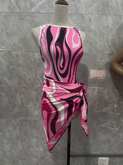 Striped One-Piece Swimsuit with Wrap Scarf — Blue & Pink, S–XL