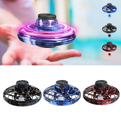 A collection of images showing a LED-fitted spinning top toy in various colors being thrown and caught in mid-air.