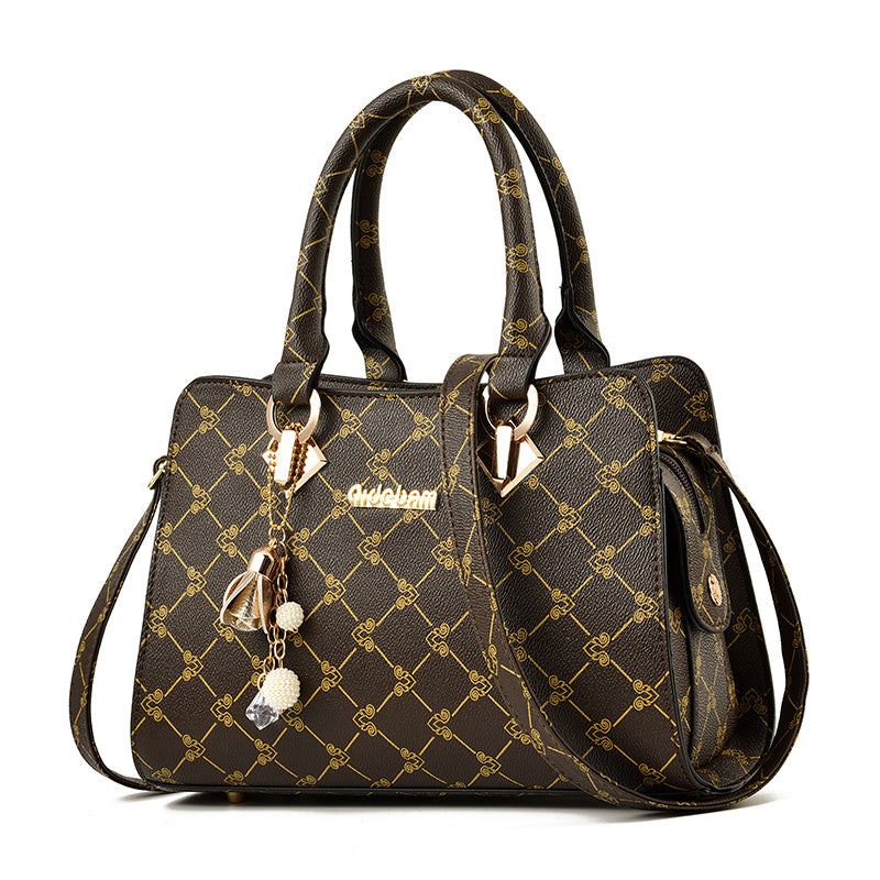 Women's Printed Satchel Handbag – Vegan-Friendly Imitation Leather Shoulder Bag with Contrast Trim & Charm