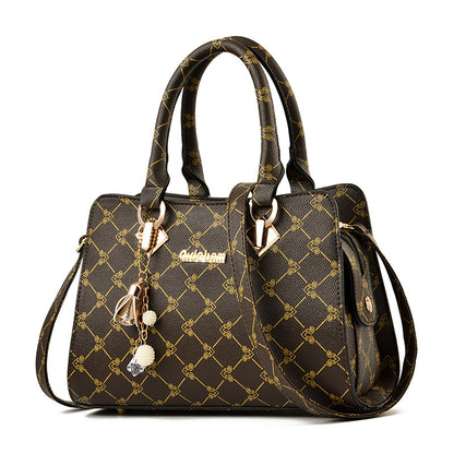Women's Printed Satchel Handbag – Vegan-Friendly Imitation Leather Shoulder Bag with Contrast Trim & Charm