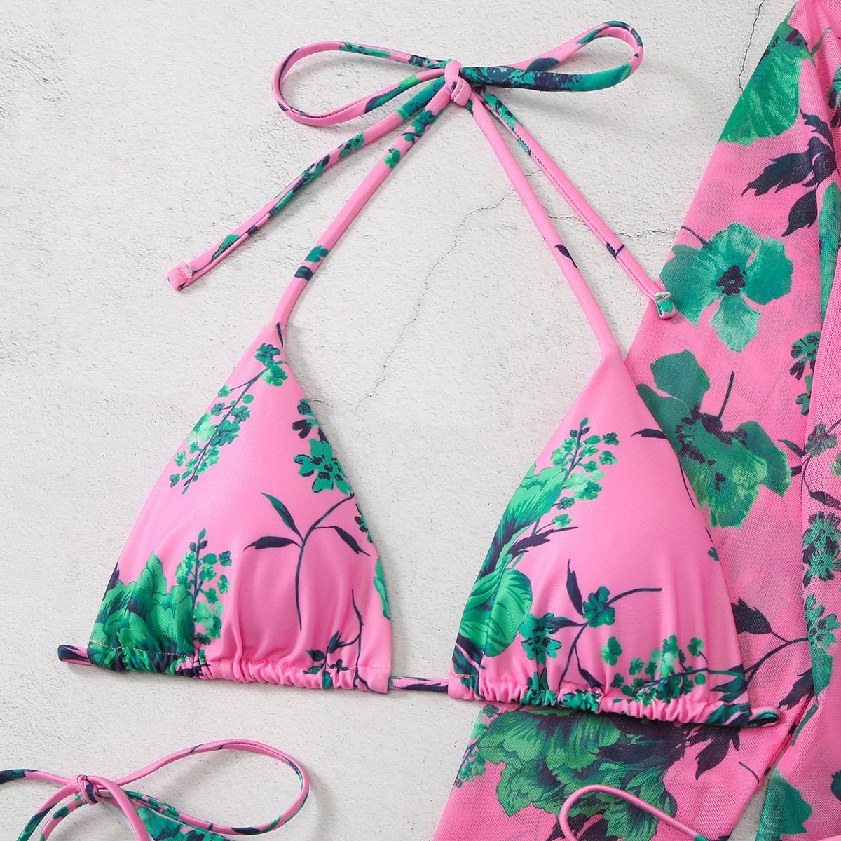 Women's Printed Mesh Three-Piece Swimsuit Set | Floral Bikini & Cover-Up