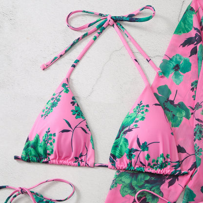 Women's Printed Mesh Three-Piece Swimsuit Set | Floral Bikini & Cover-Up