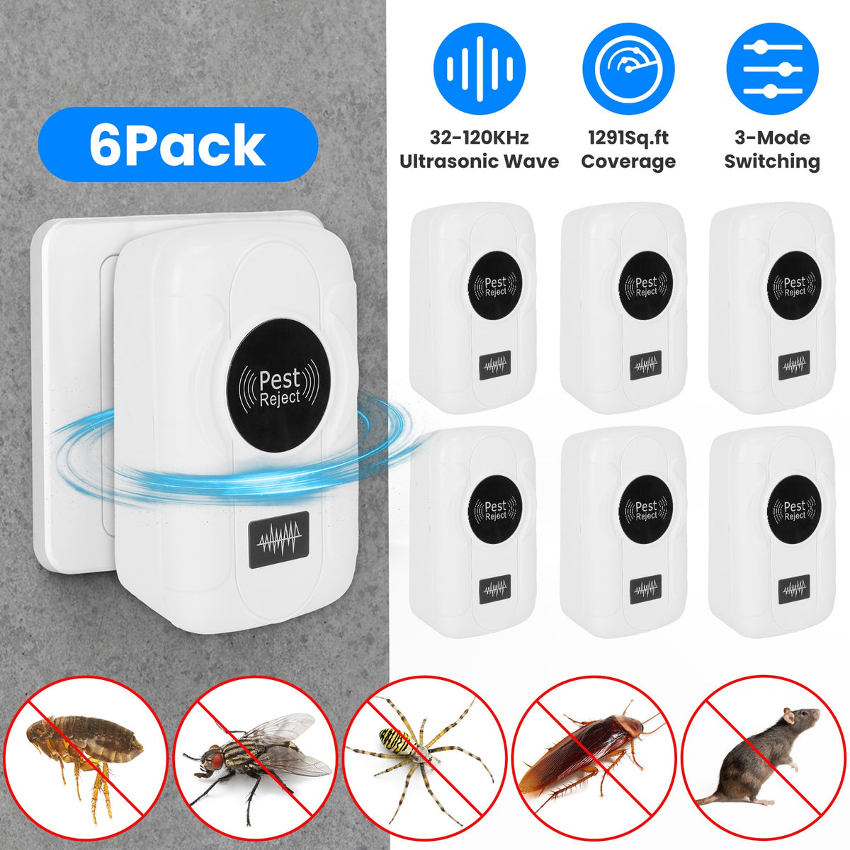 Pest control device with packaging and illustrations of pests on a gray background
