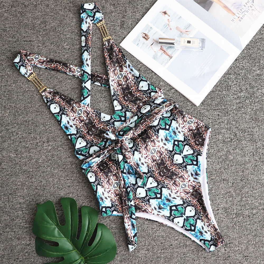 Women's Snake Print Backless Swimsuit | One-Piece & Split Bikini