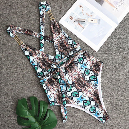 Women's Snake Print Backless Swimsuit | One-Piece & Split Bikini